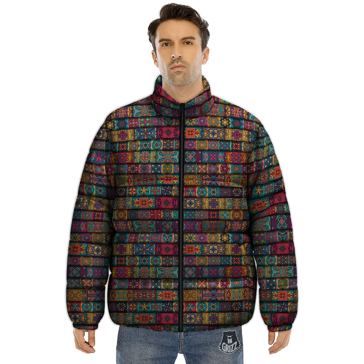 Mandala Bohemian Rectangle Print Pattern Puffer Jacket-grizzshop