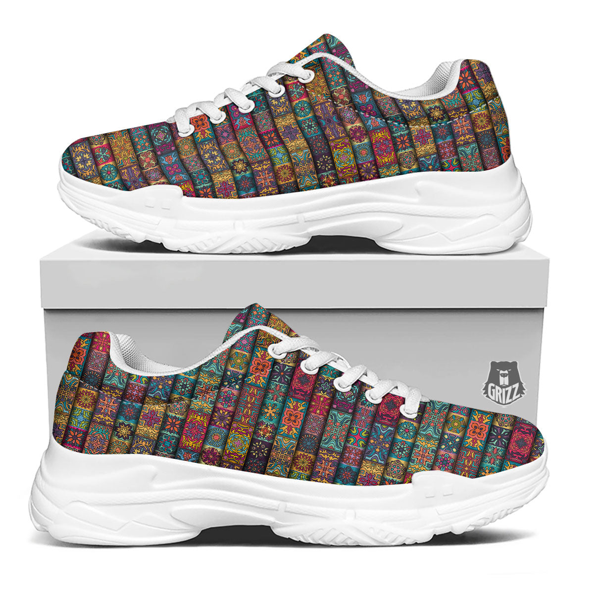 Mandala Bohemian Rectangle Print Pattern White Chunky Shoes-grizzshop