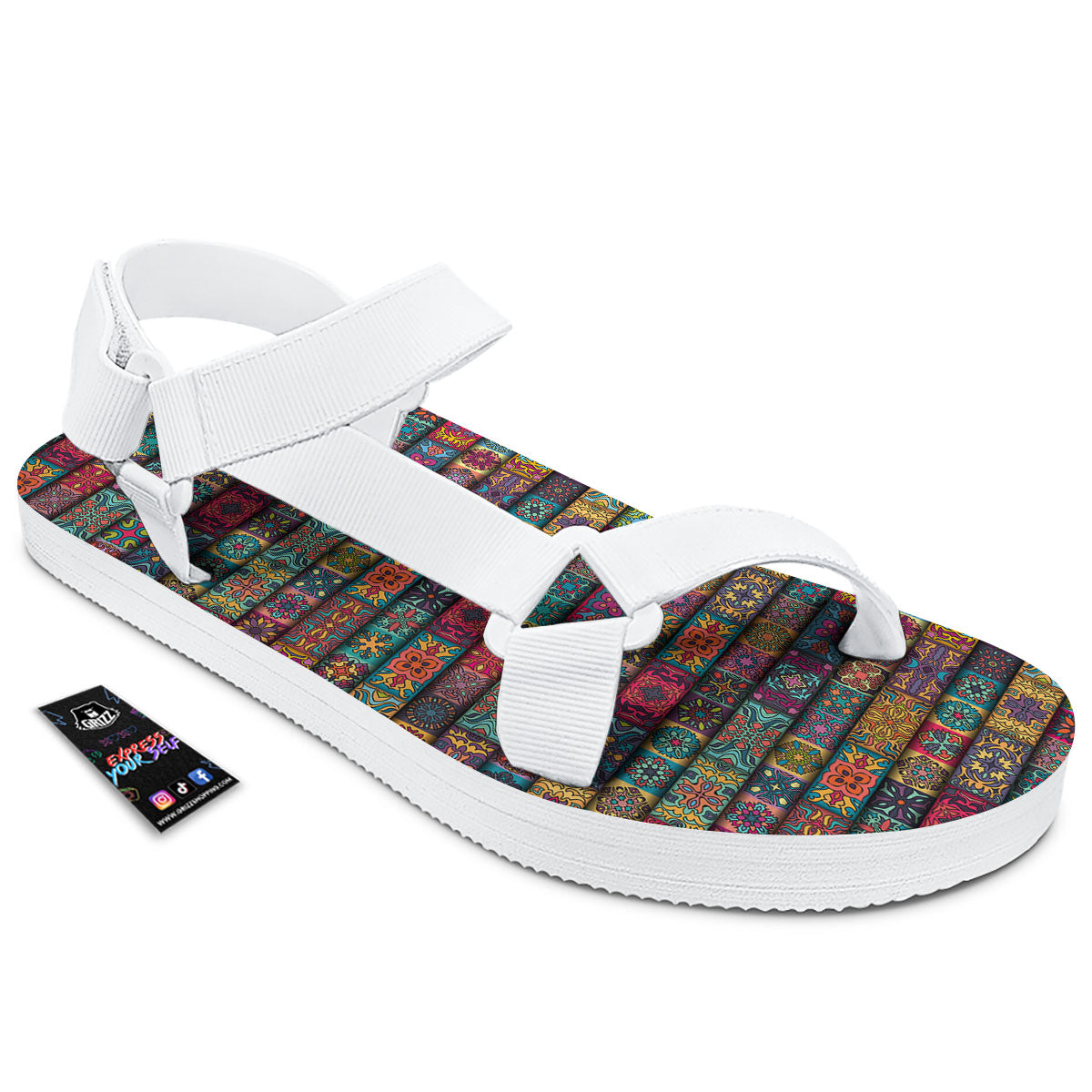 Mandala Bohemian Rectangle Print Pattern White Open Toe Sandals-grizzshop