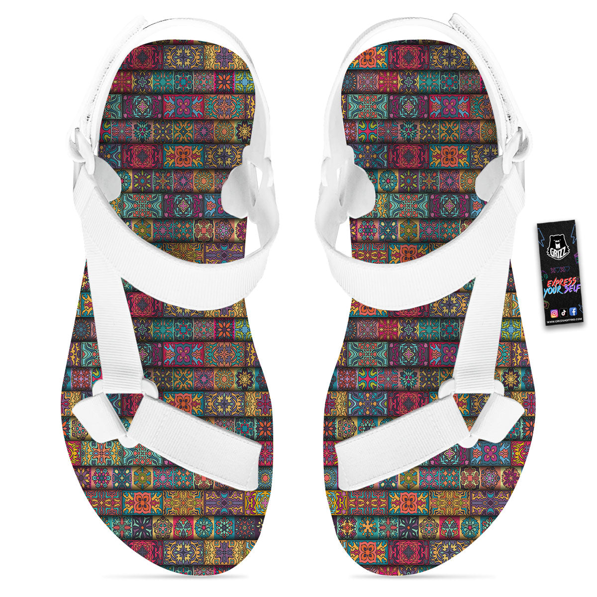 Mandala Bohemian Rectangle Print Pattern White Open Toe Sandals-grizzshop