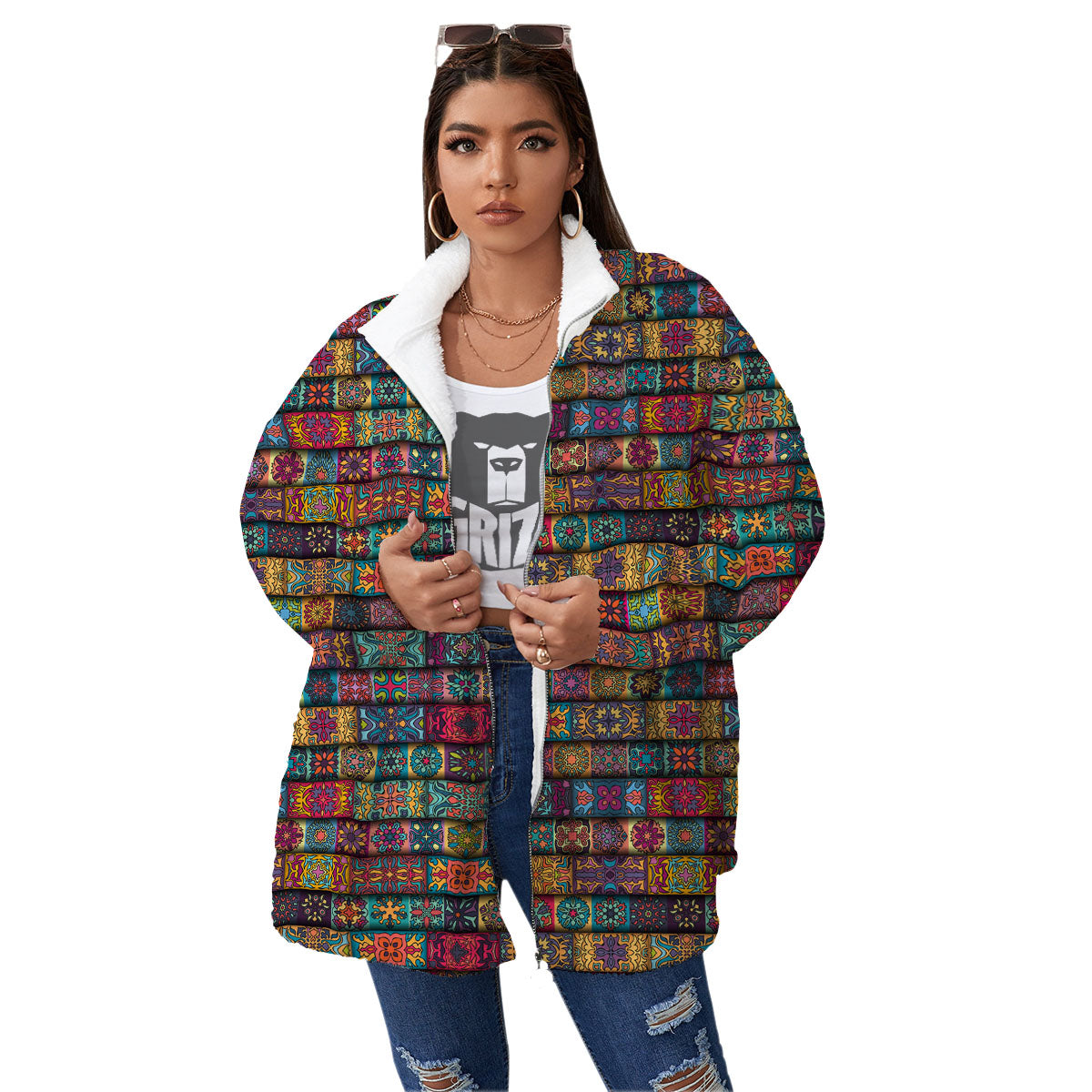 Mandala Bohemian Rectangle Print Pattern Women's Sherpa Jacket-grizzshop