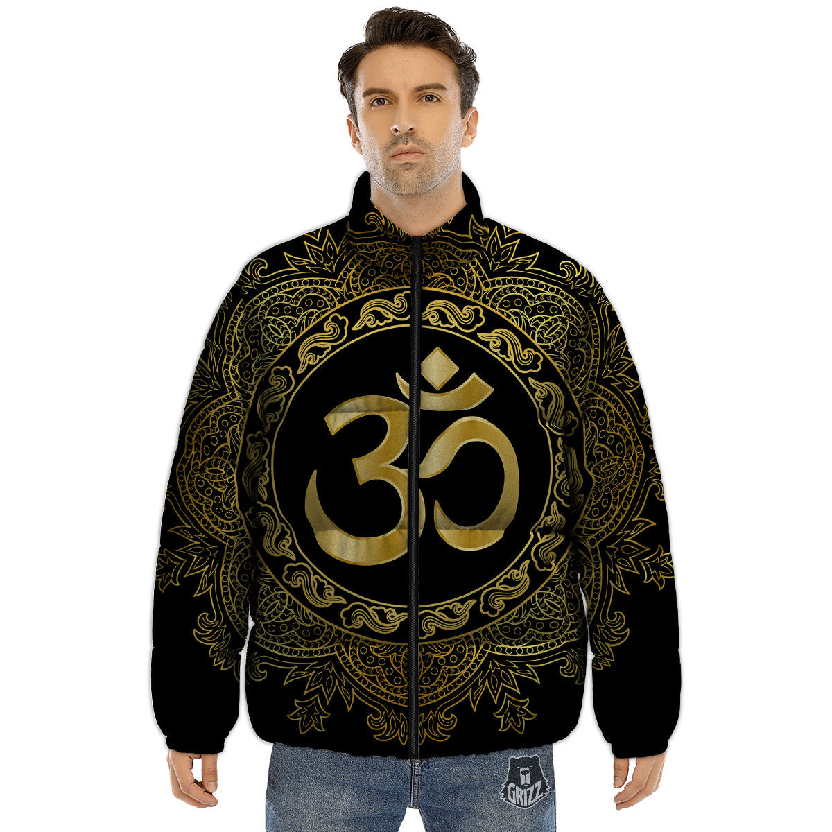 Mandala Boho Om Print Puffer Jacket-grizzshop