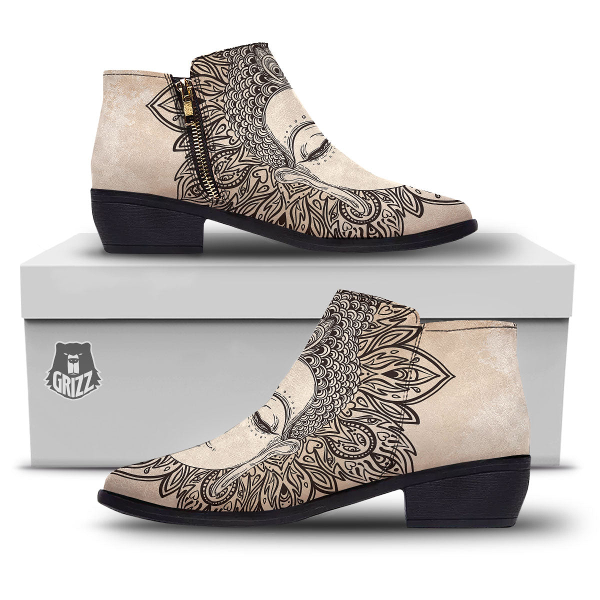 Mandala Buddha Beige Print Ankle Boots-grizzshop