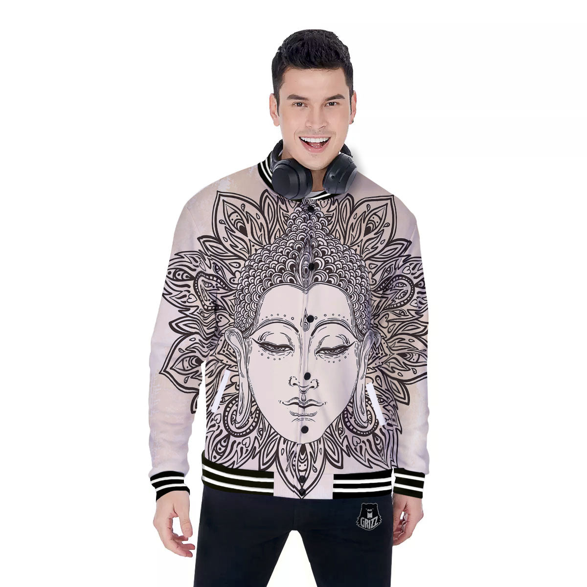 Mandala Buddha Beige Print Baseball Jacket-grizzshop