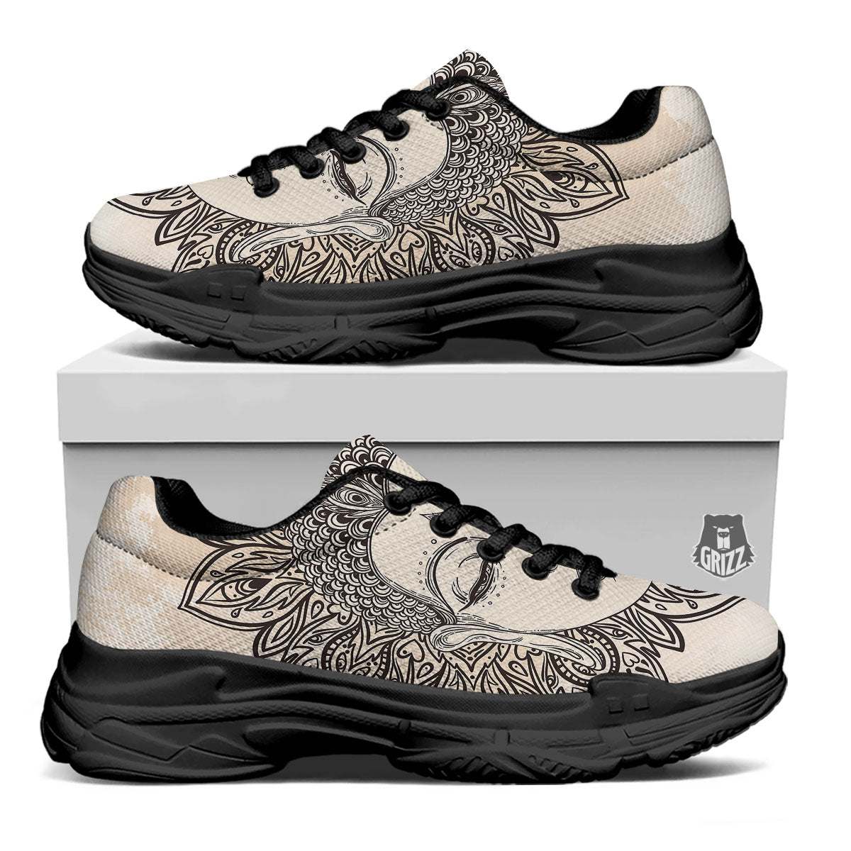 Mandala Buddha Beige Print Black Chunky Shoes-grizzshop