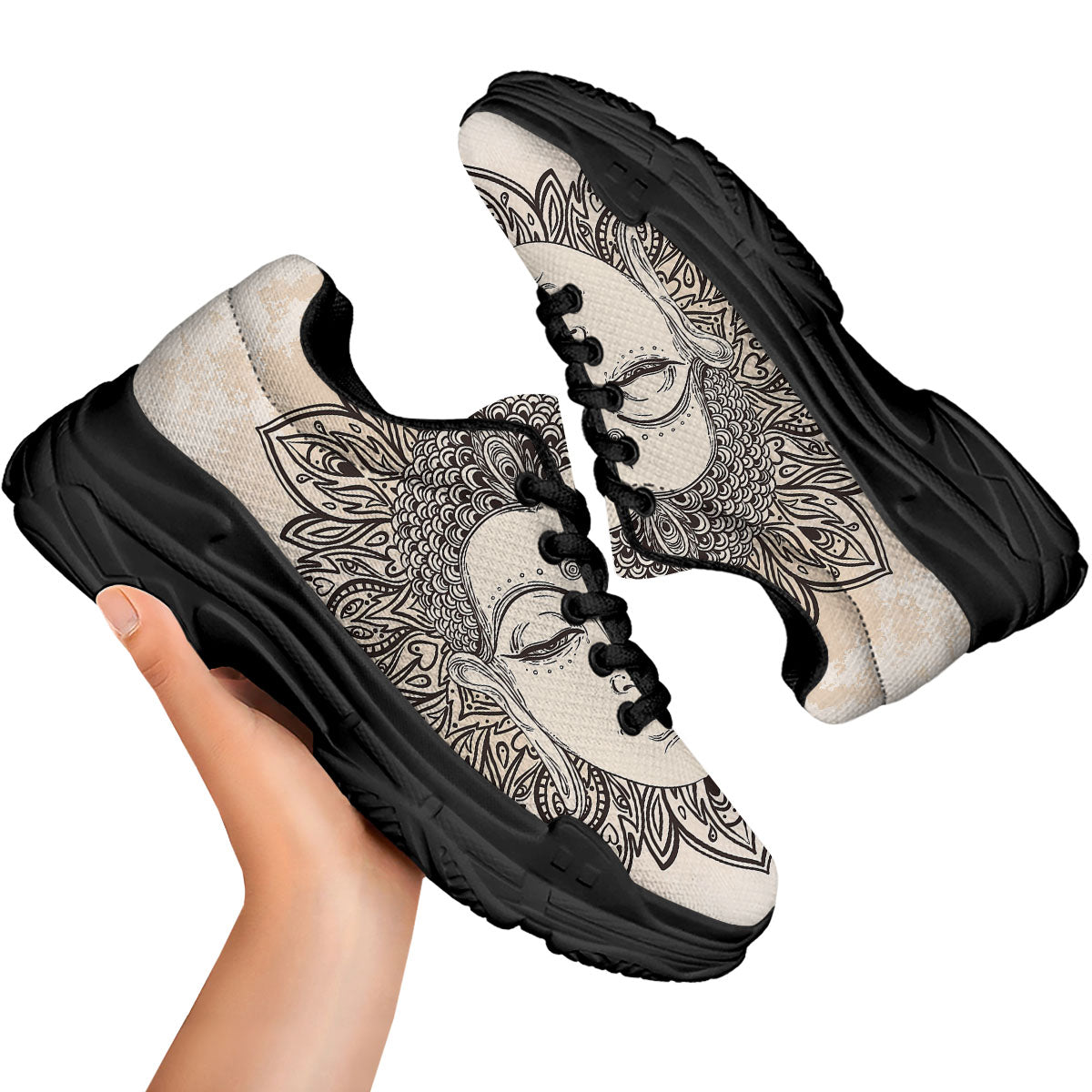 Mandala Buddha Beige Print Black Chunky Shoes-grizzshop