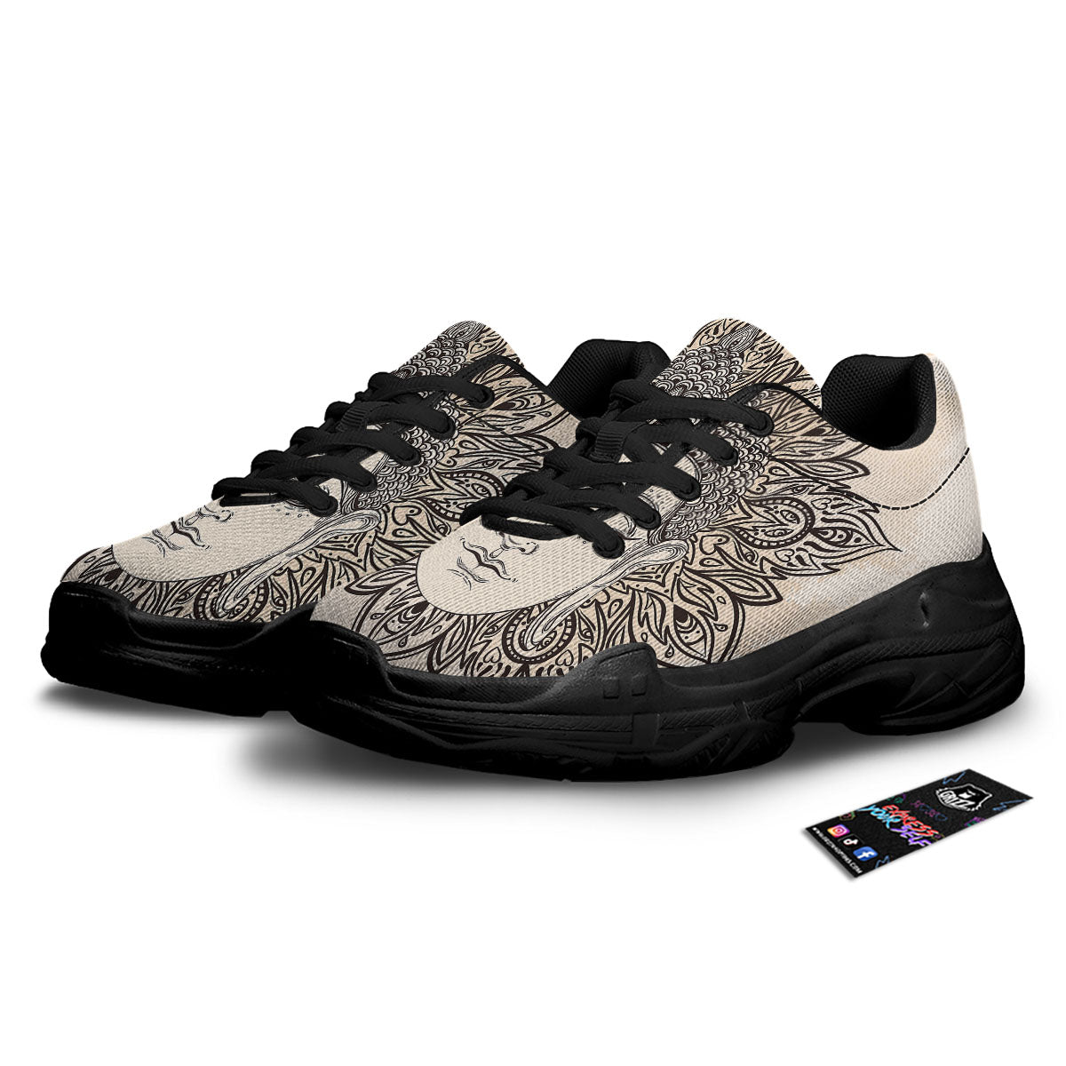 Mandala Buddha Beige Print Black Chunky Shoes-grizzshop