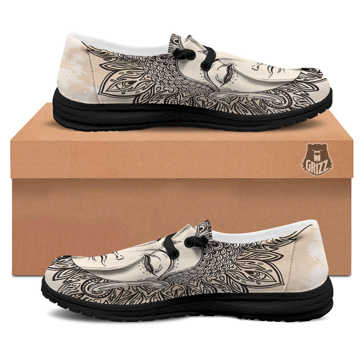 Mandala Buddha Beige Print Black Loafers-grizzshop