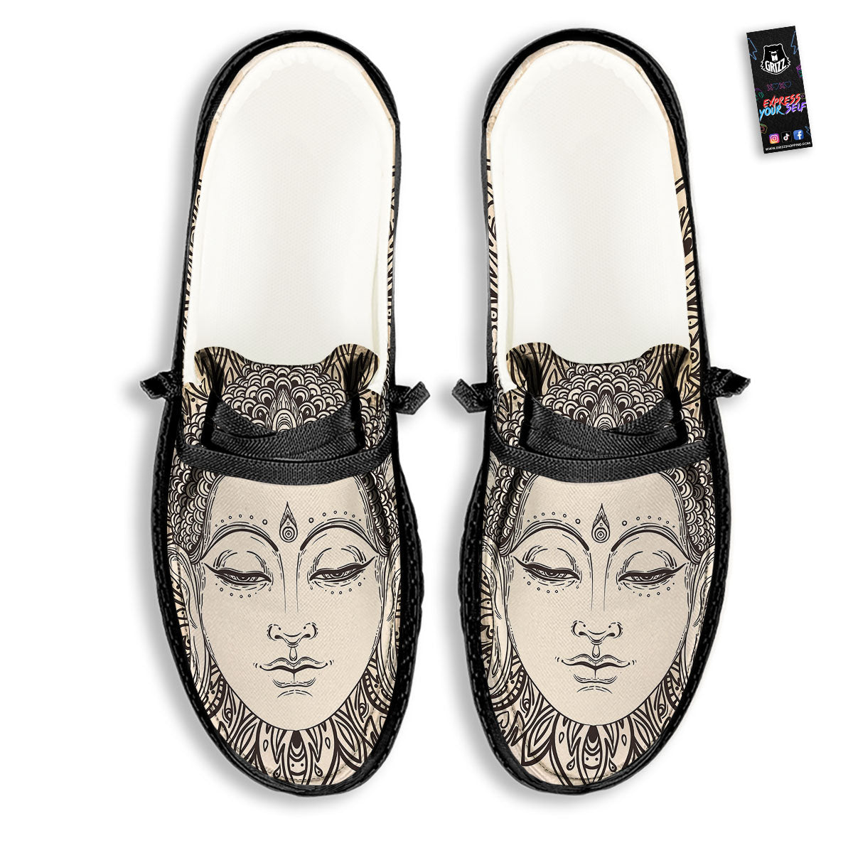 Mandala Buddha Beige Print Black Loafers-grizzshop