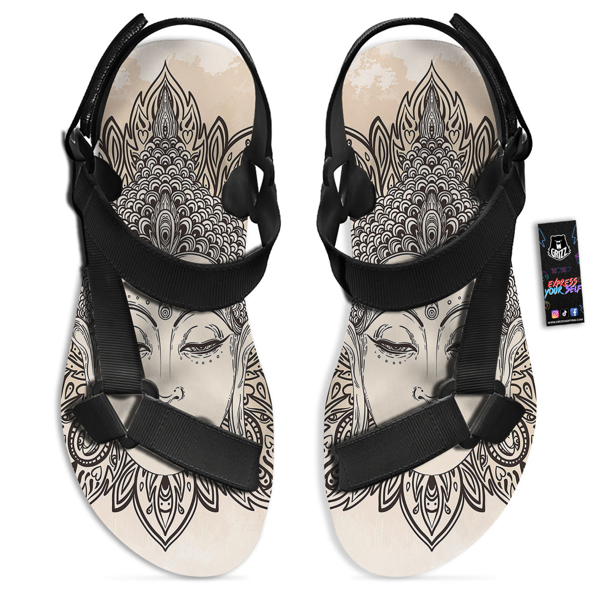 Mandala Buddha Beige Print Black Open Toe Sandals-grizzshop