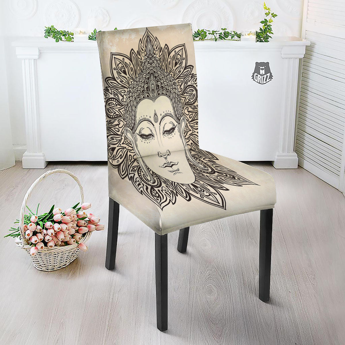 Mandala Buddha Beige Print Dining Chair Slipcover-grizzshop