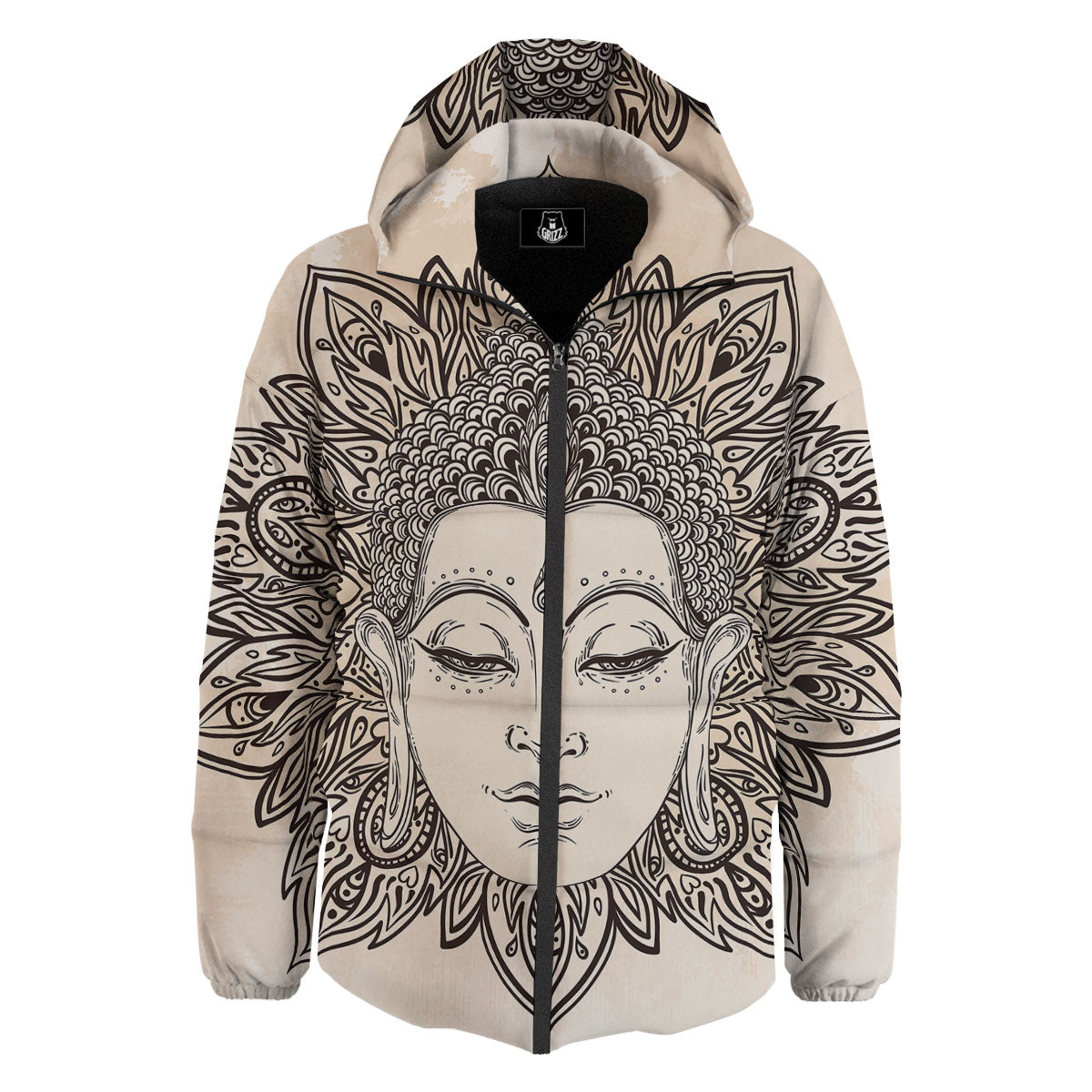 Mandala Buddha Beige Print Down Jacket-grizzshop