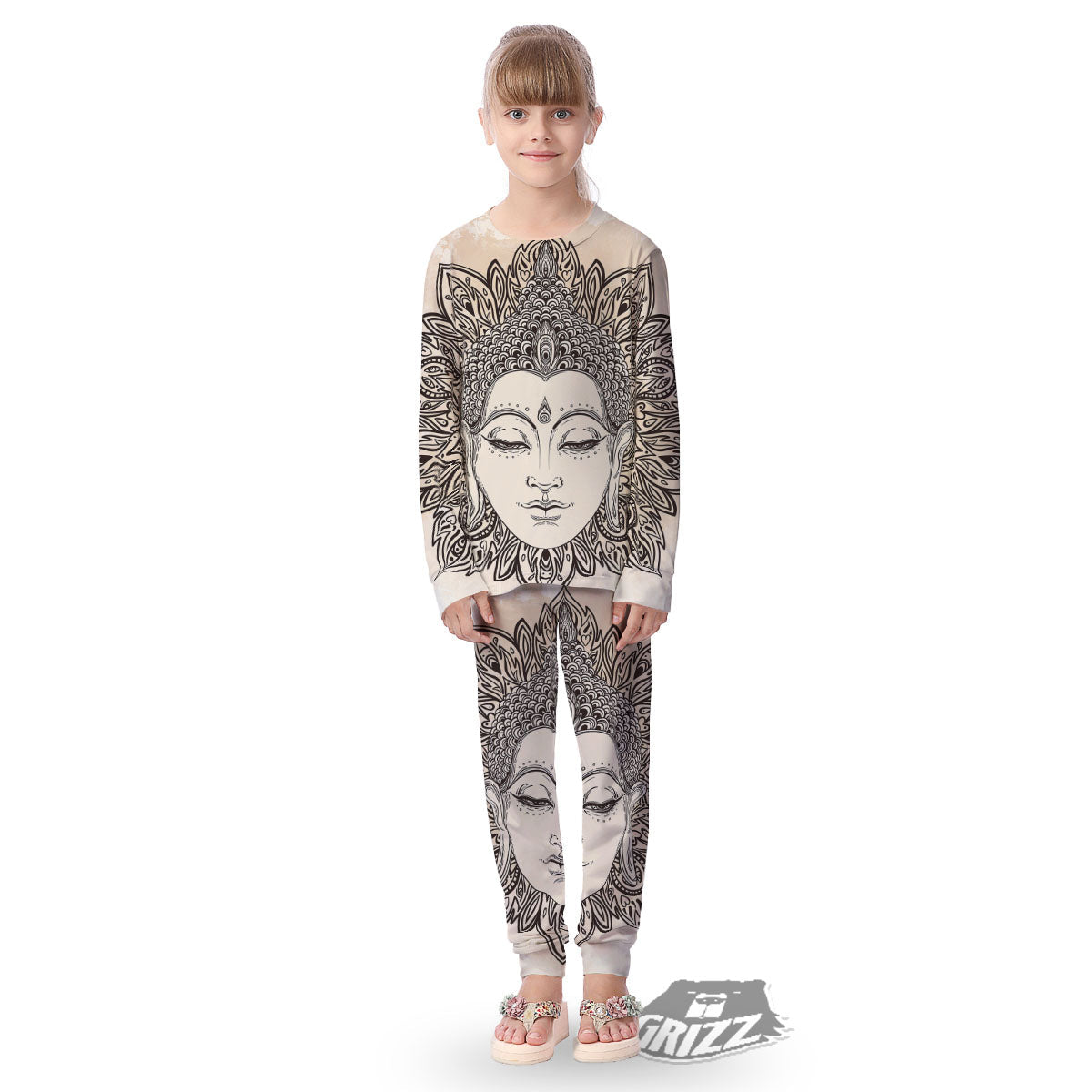 Mandala Buddha Beige Print Kid's Pajamas-grizzshop