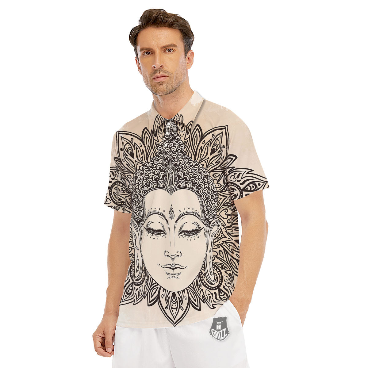 Mandala Buddha Beige Print Men's Golf Shirts-grizzshop