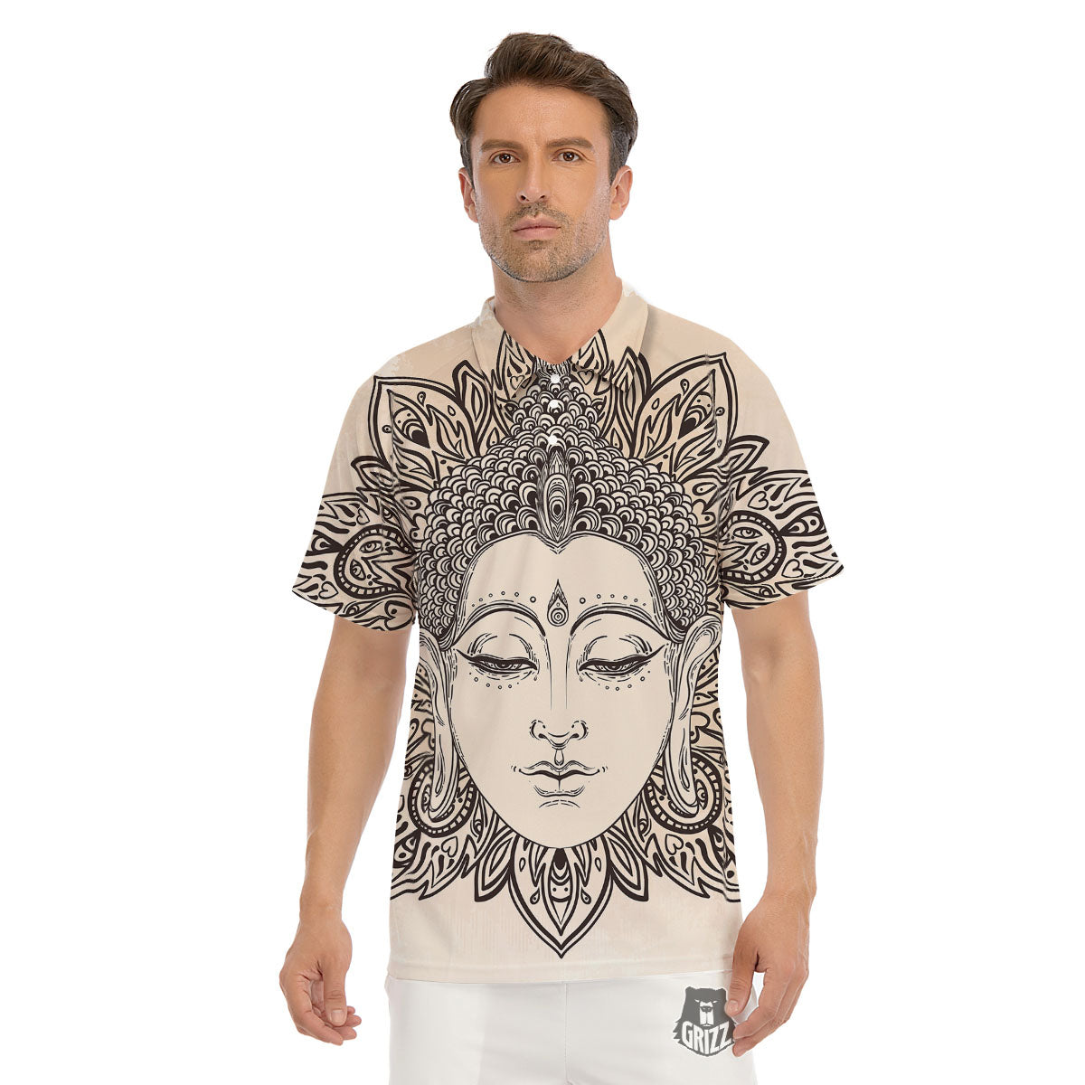 Mandala Buddha Beige Print Men's Golf Shirts-grizzshop