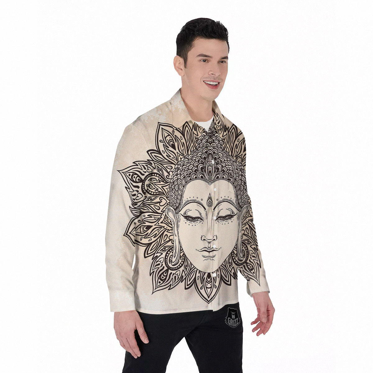 Mandala Buddha Beige Print Men's Long Sleeve Shirts-grizzshop