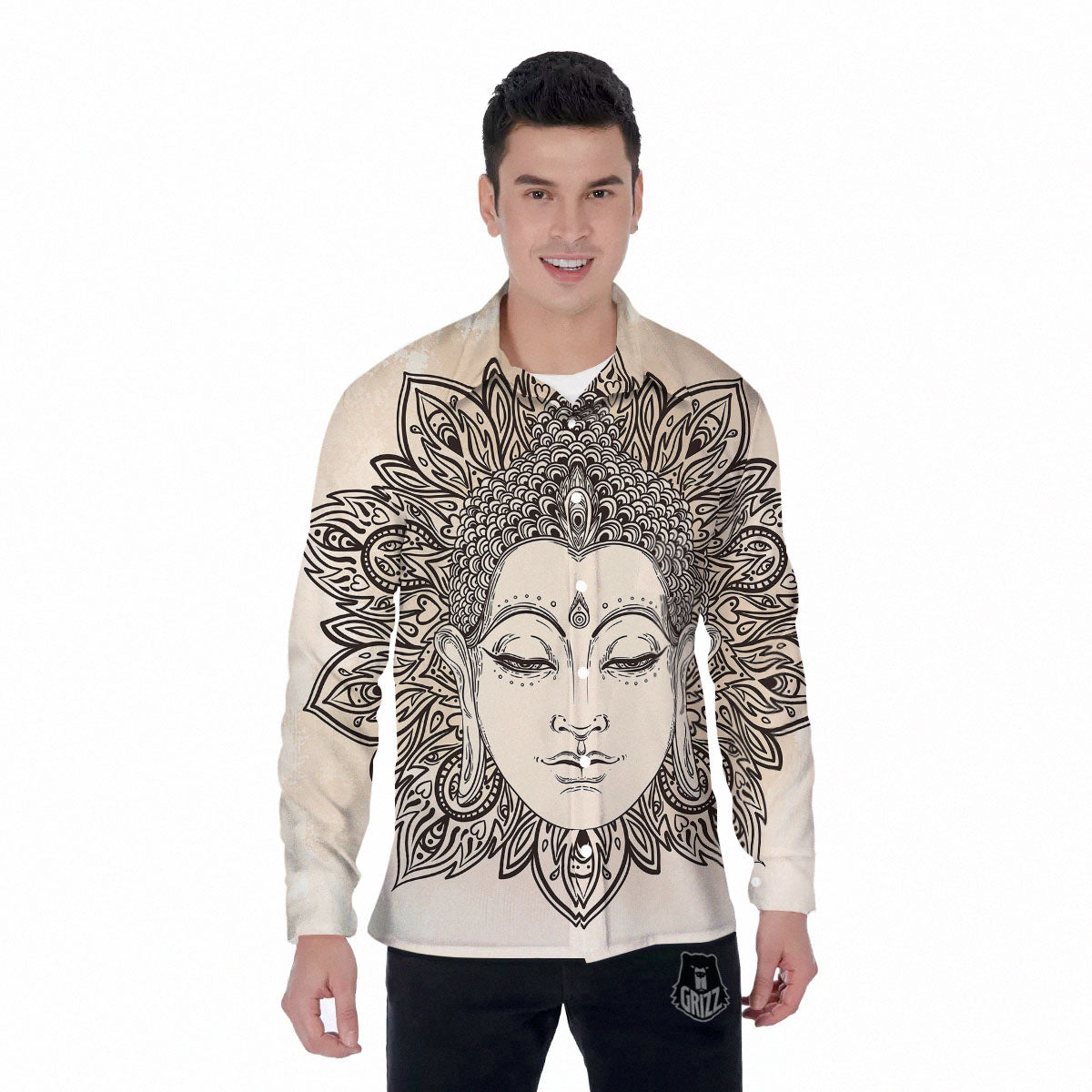 Mandala Buddha Beige Print Men's Long Sleeve Shirts-grizzshop