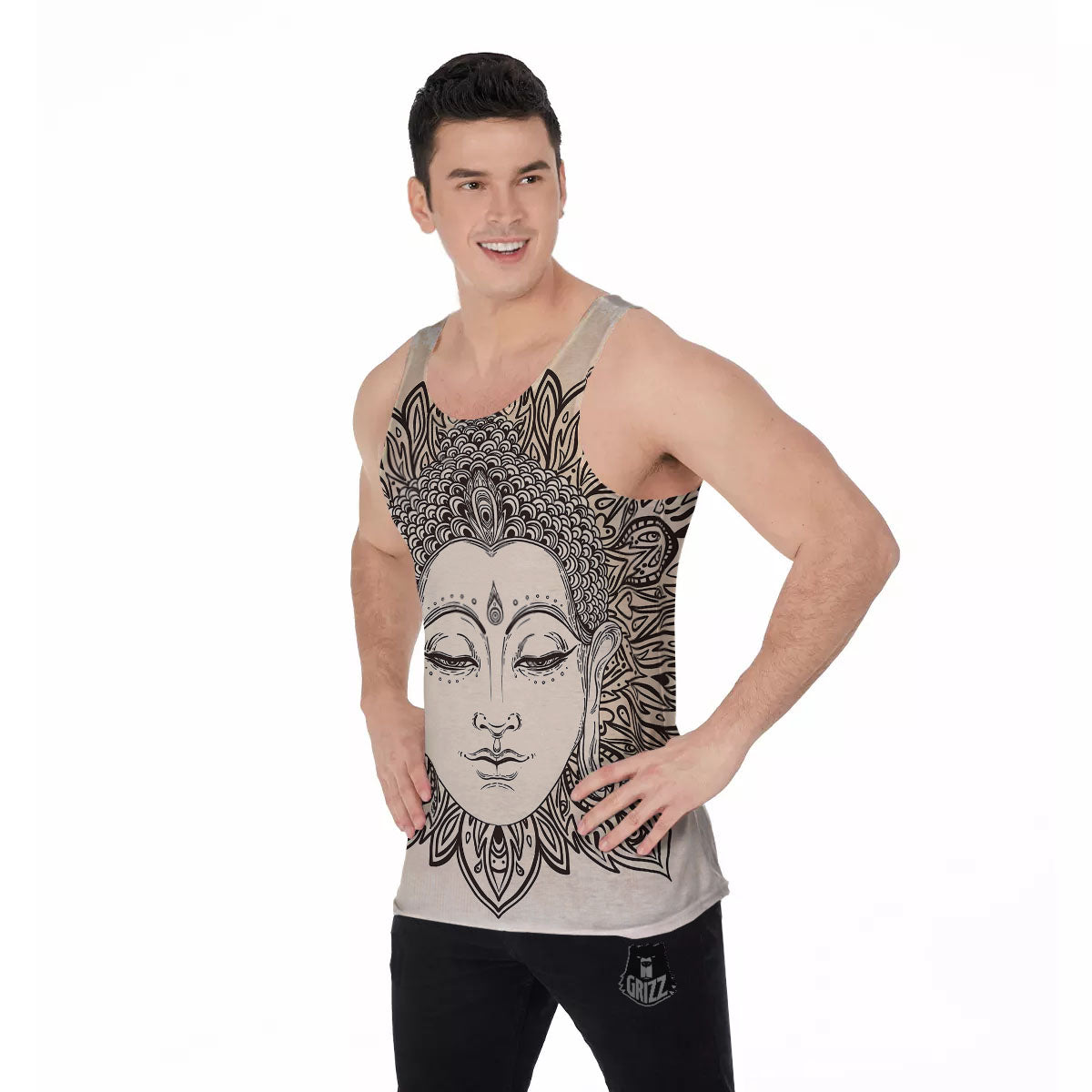 Mandala Buddha Beige Print Men's Tank Top-grizzshop