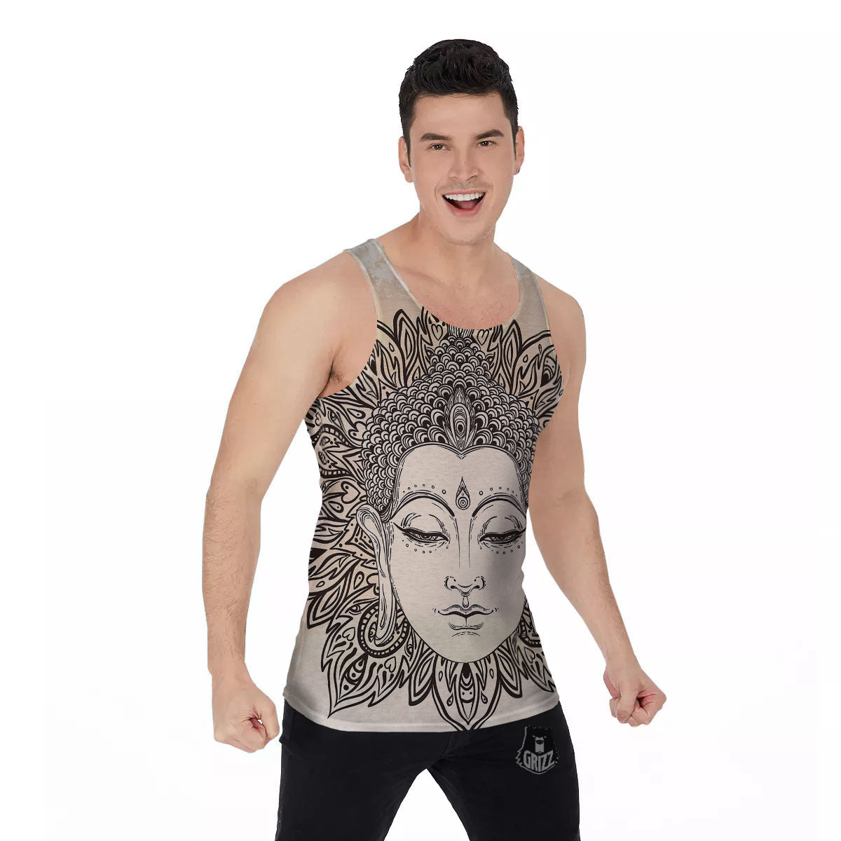 Mandala Buddha Beige Print Men's Tank Top-grizzshop