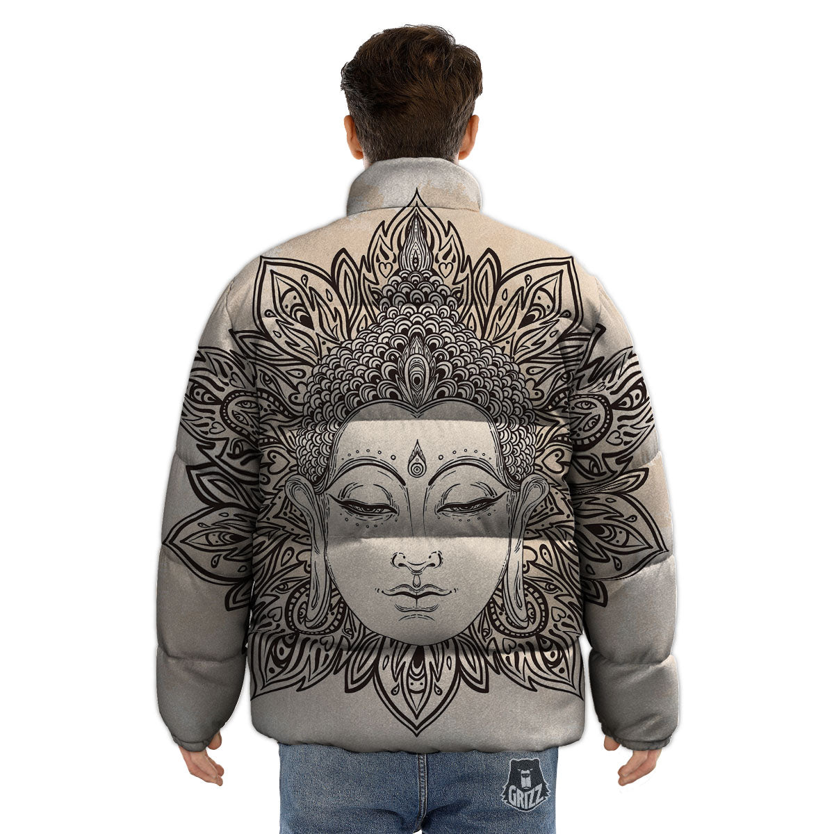 Mandala Buddha Beige Print Puffer Jacket-grizzshop
