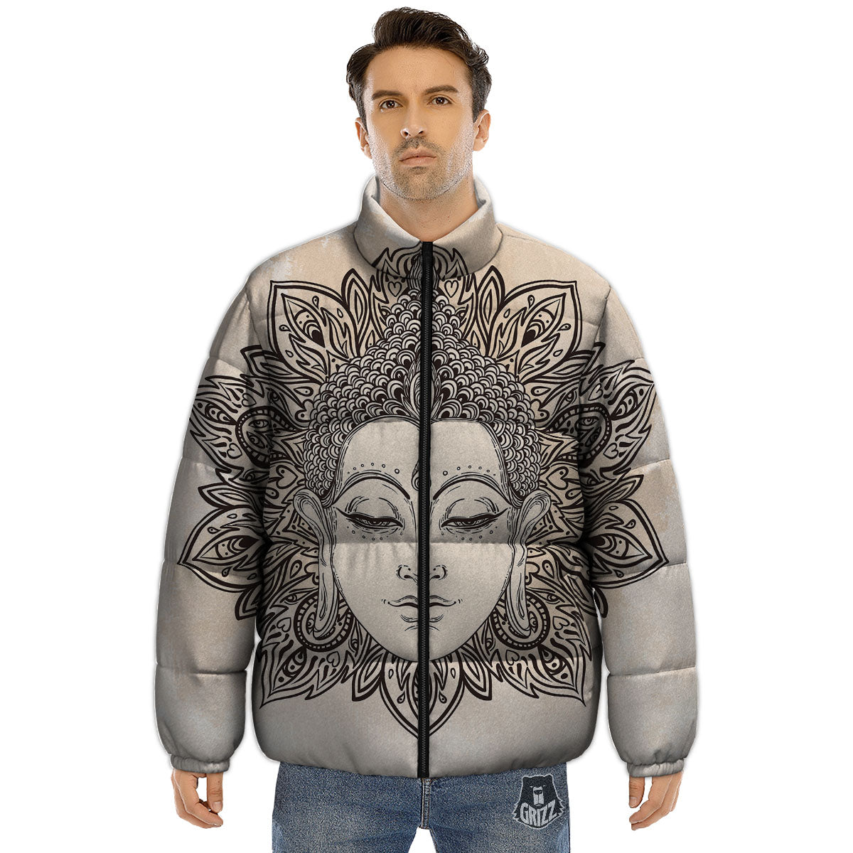 Mandala Buddha Beige Print Puffer Jacket-grizzshop