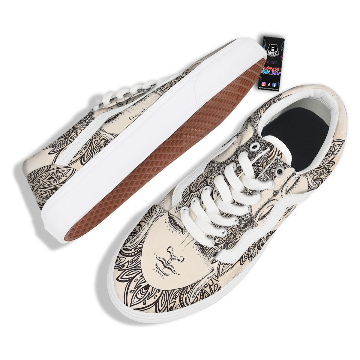 Mandala Buddha Beige Print Skate Shoes-grizzshop