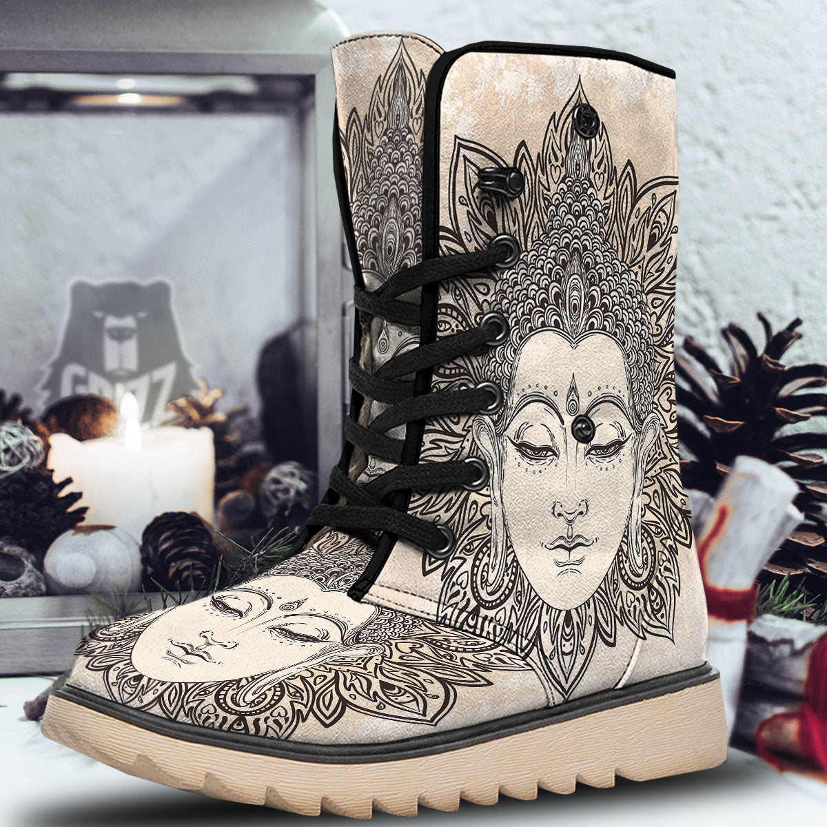 Mandala Buddha Beige Print Snow Boots-grizzshop