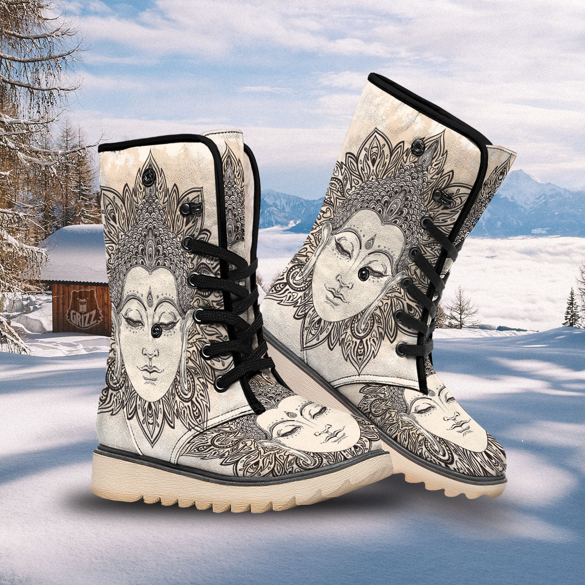 Mandala Buddha Beige Print Snow Boots-grizzshop