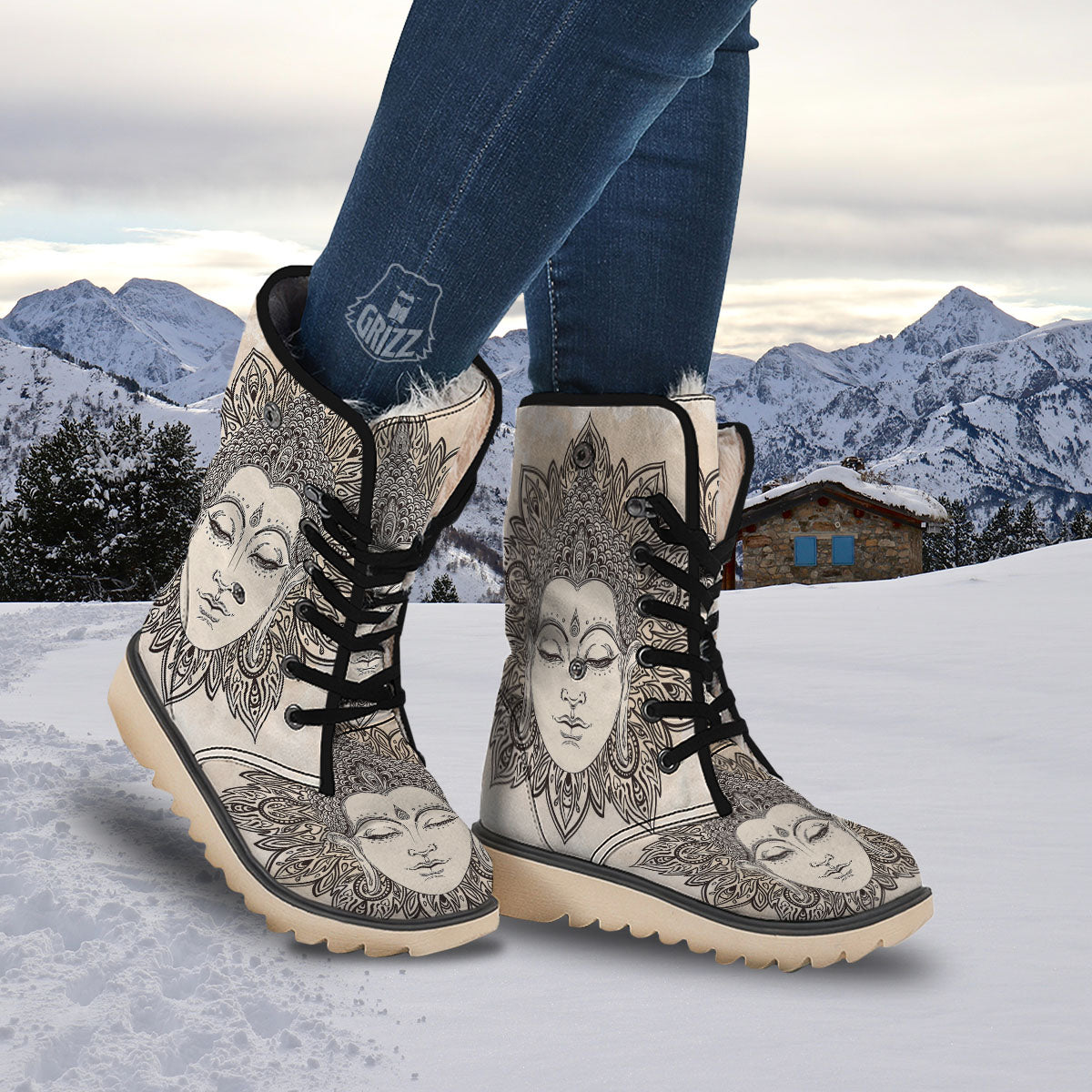 Mandala Buddha Beige Print Snow Boots-grizzshop