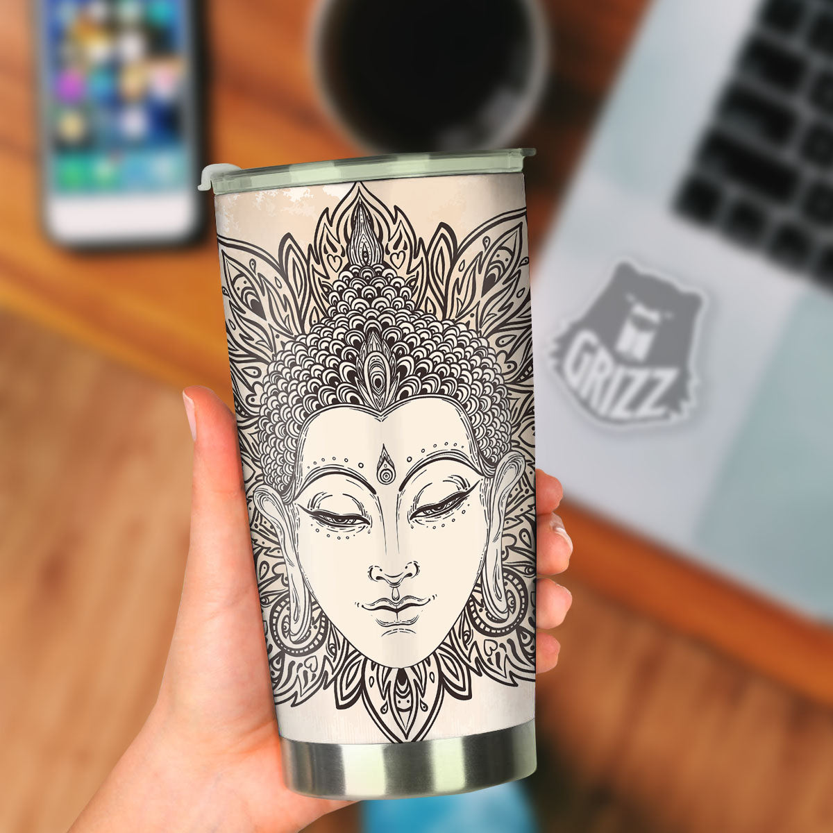 Mandala Buddha Beige Print Tumbler-grizzshop