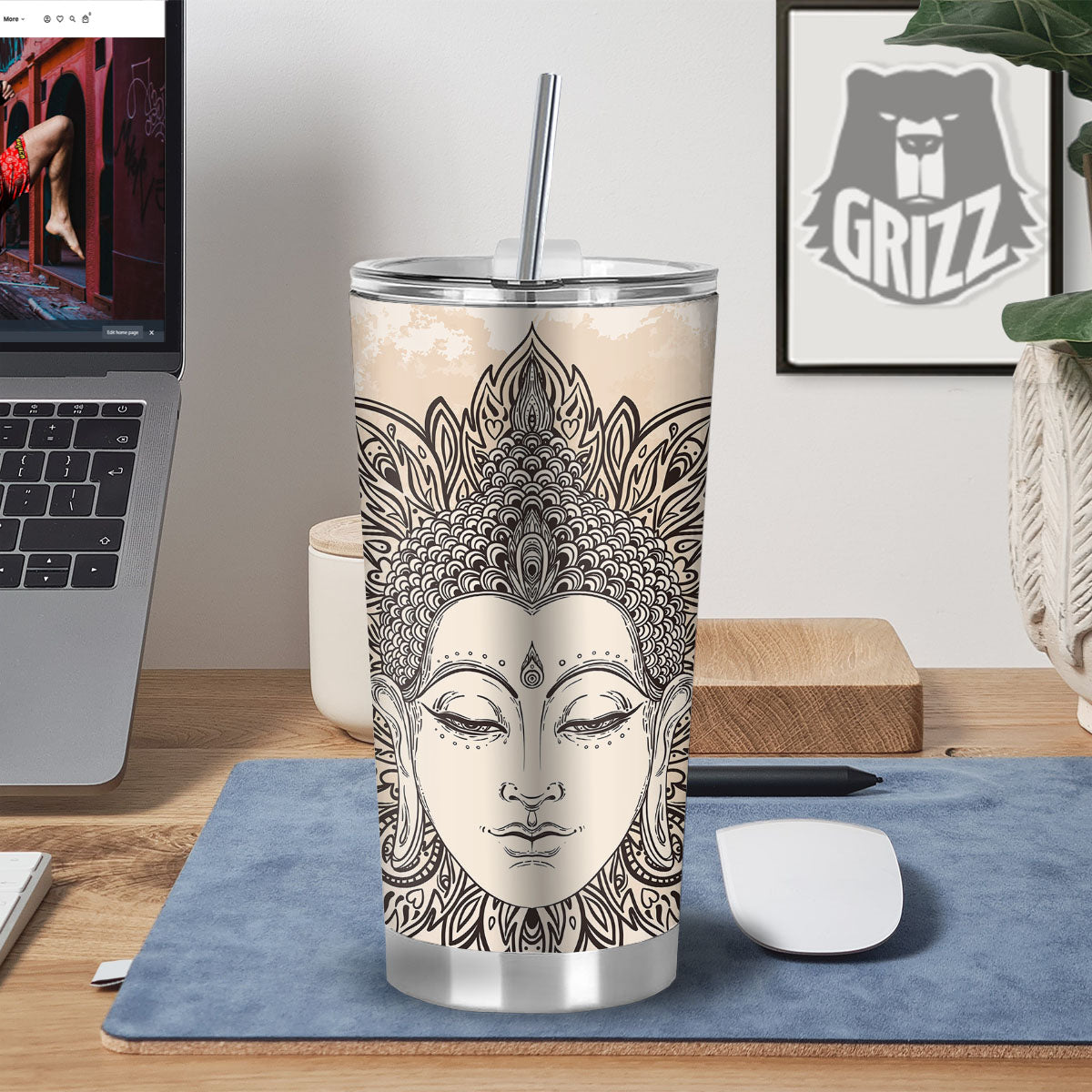 Mandala Buddha Beige Print Tumbler-grizzshop