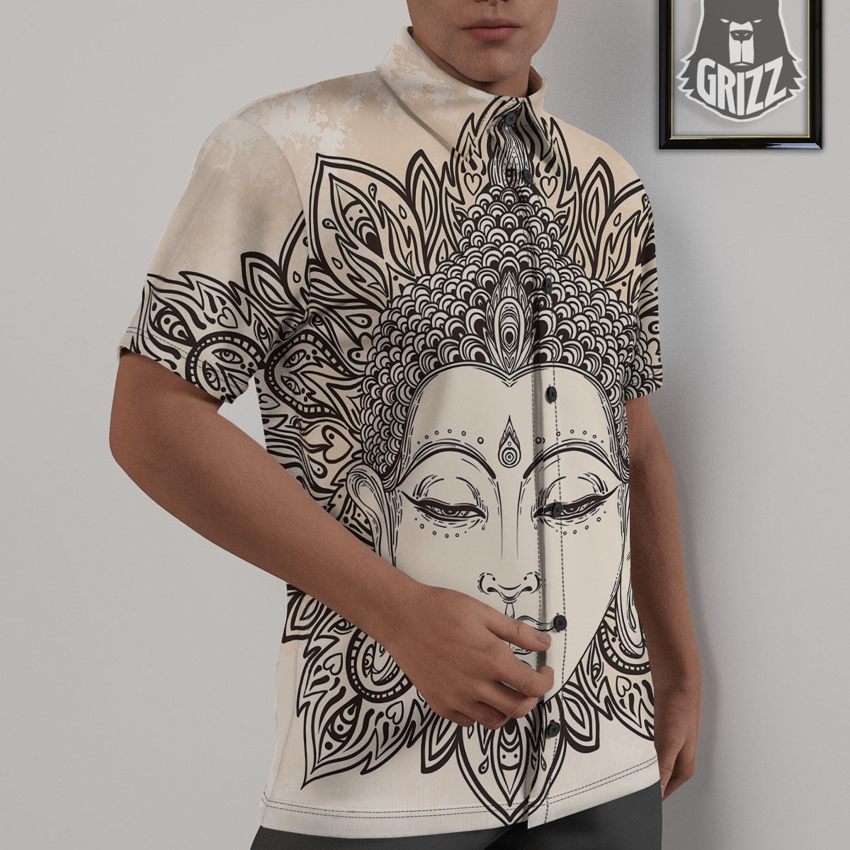 Mandala Buddha Beige Print Untucked Shirts-grizzshop