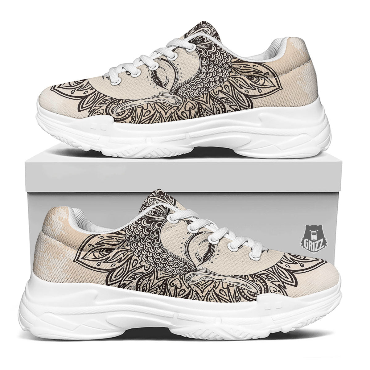Mandala Buddha Beige Print White Chunky Shoes-grizzshop