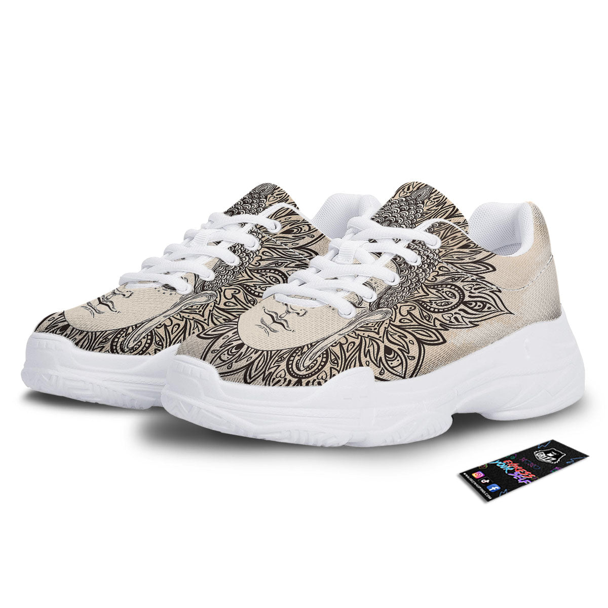 Mandala Buddha Beige Print White Chunky Shoes-grizzshop