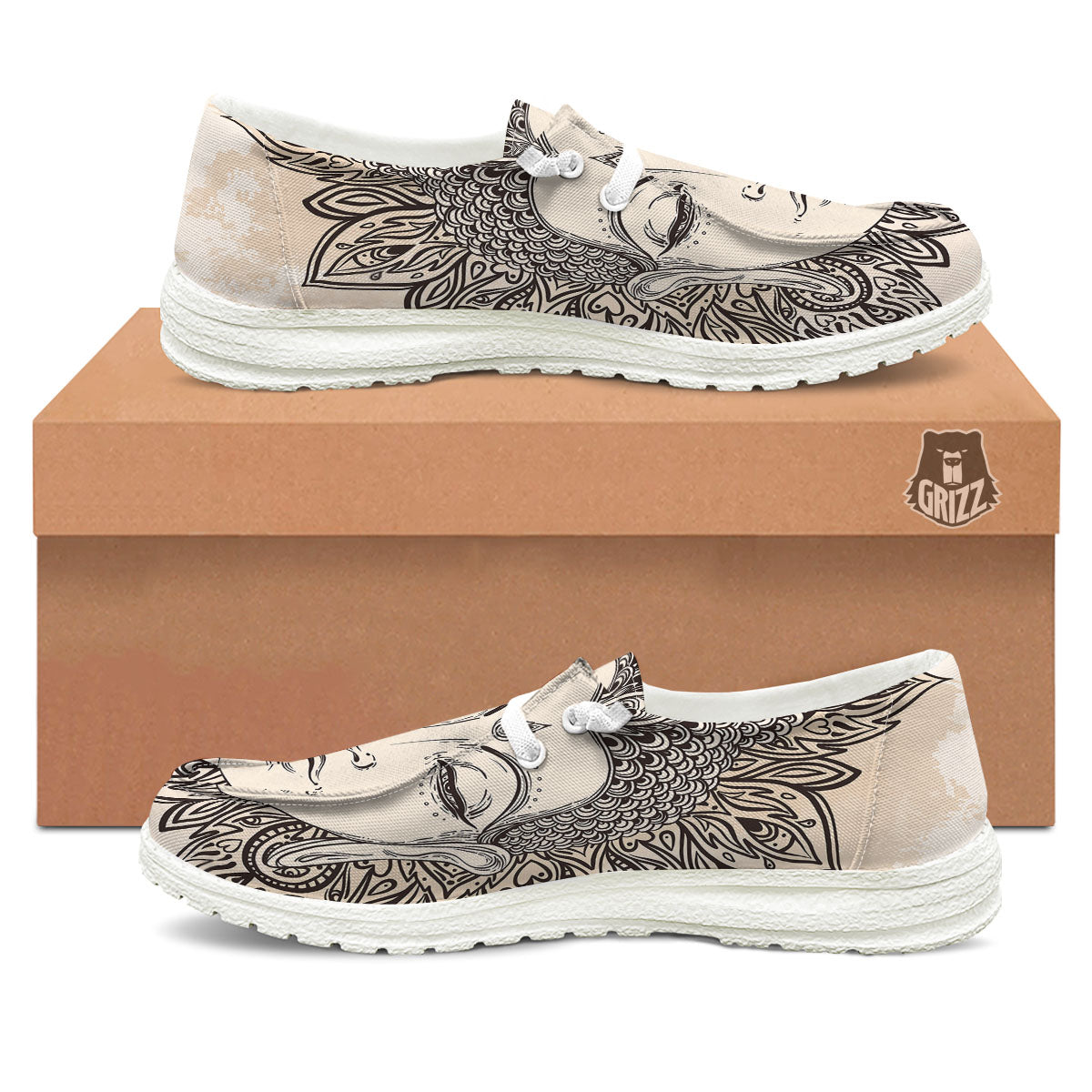 Mandala Buddha Beige Print White Loafers-grizzshop