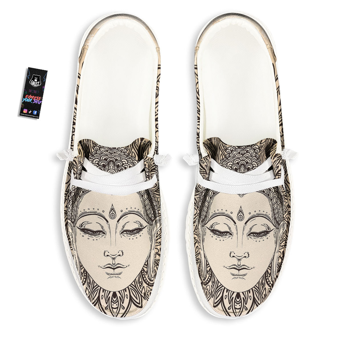 Mandala Buddha Beige Print White Loafers-grizzshop