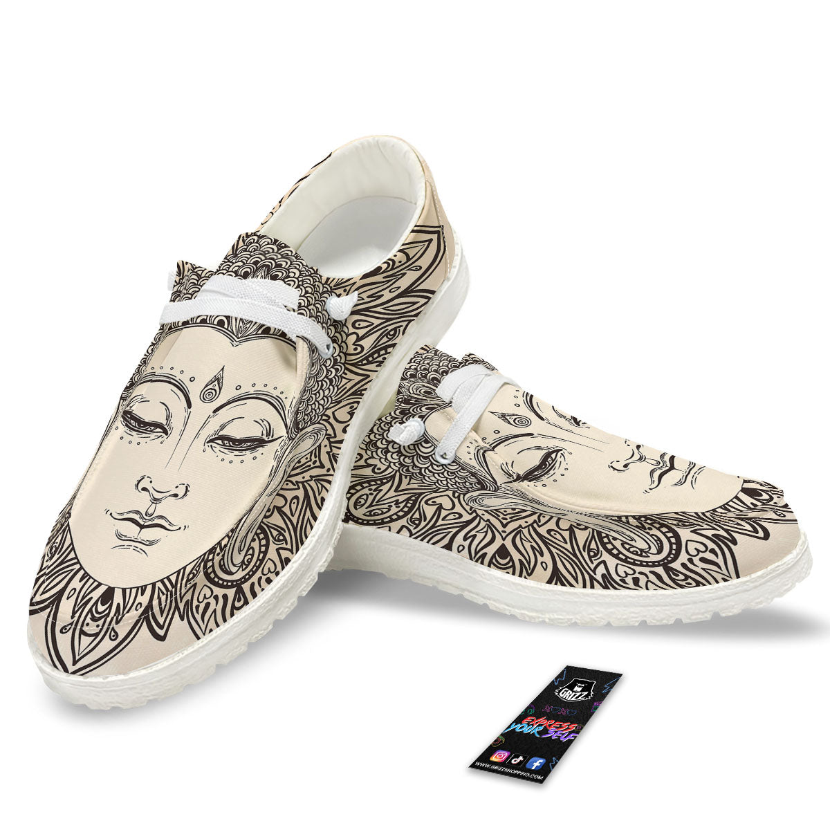 Mandala Buddha Beige Print White Loafers-grizzshop