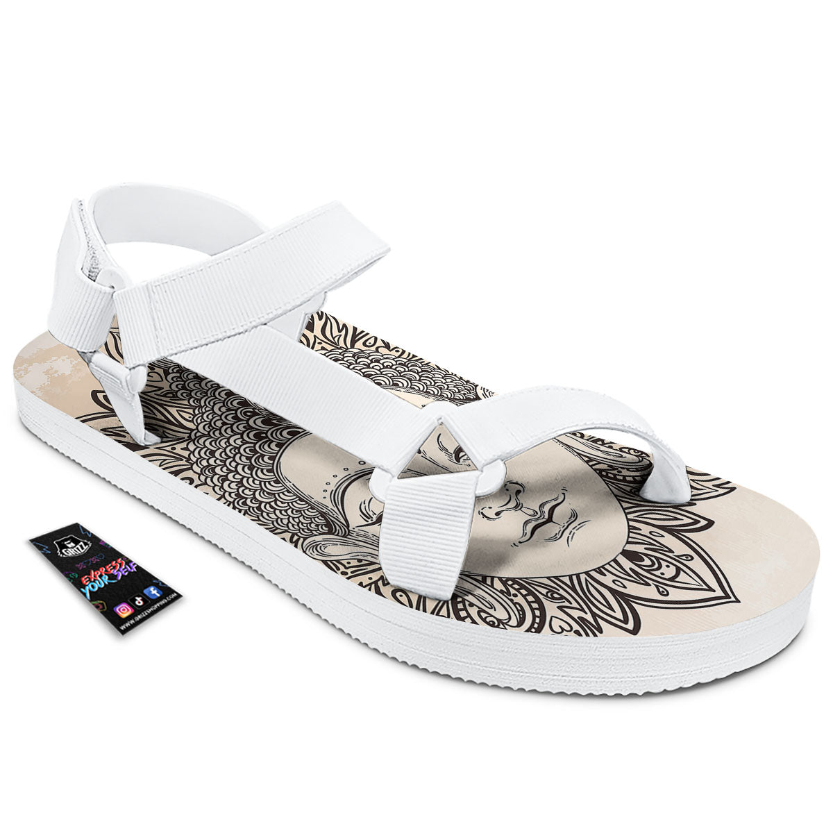 Mandala Buddha Beige Print White Open Toe Sandals-grizzshop