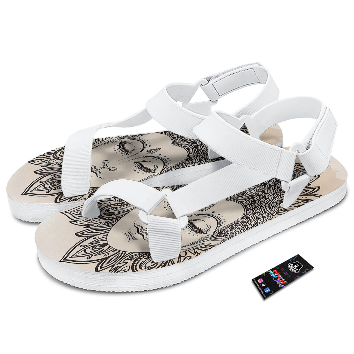 Mandala Buddha Beige Print White Open Toe Sandals-grizzshop