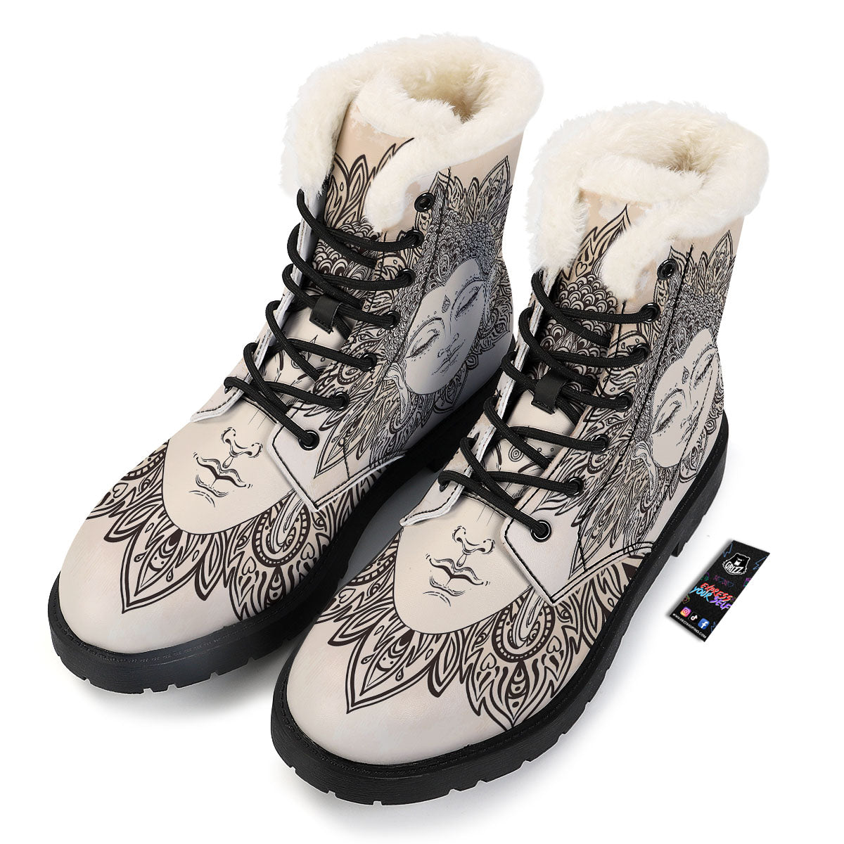 Mandala Buddha Beige Print Winter Boots-grizzshop