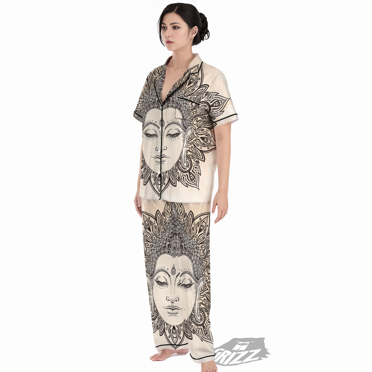 Mandala Buddha Beige Print Women's Pajamas Set-grizzshop