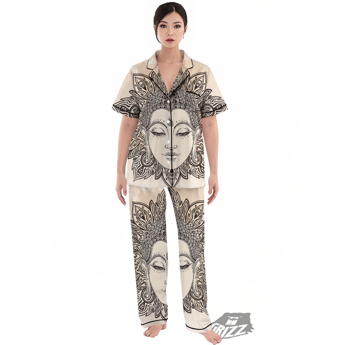 Mandala Buddha Beige Print Women's Pajamas Set-grizzshop