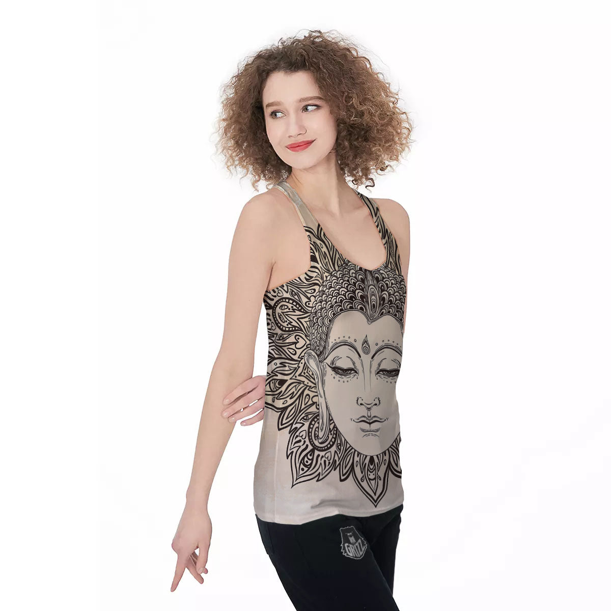 Mandala Buddha Beige Print Women's Racerback Tank Top-grizzshop