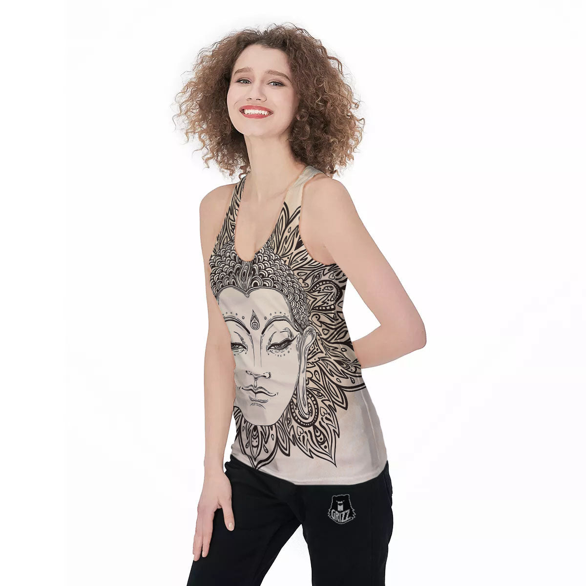 Mandala Buddha Beige Print Women's Racerback Tank Top-grizzshop