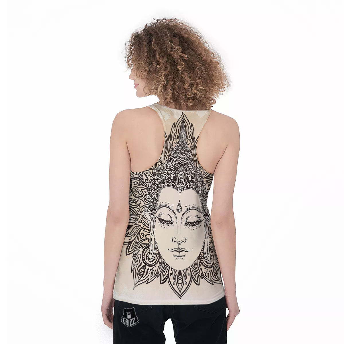 Mandala Buddha Beige Print Women's Racerback Tank Top-grizzshop