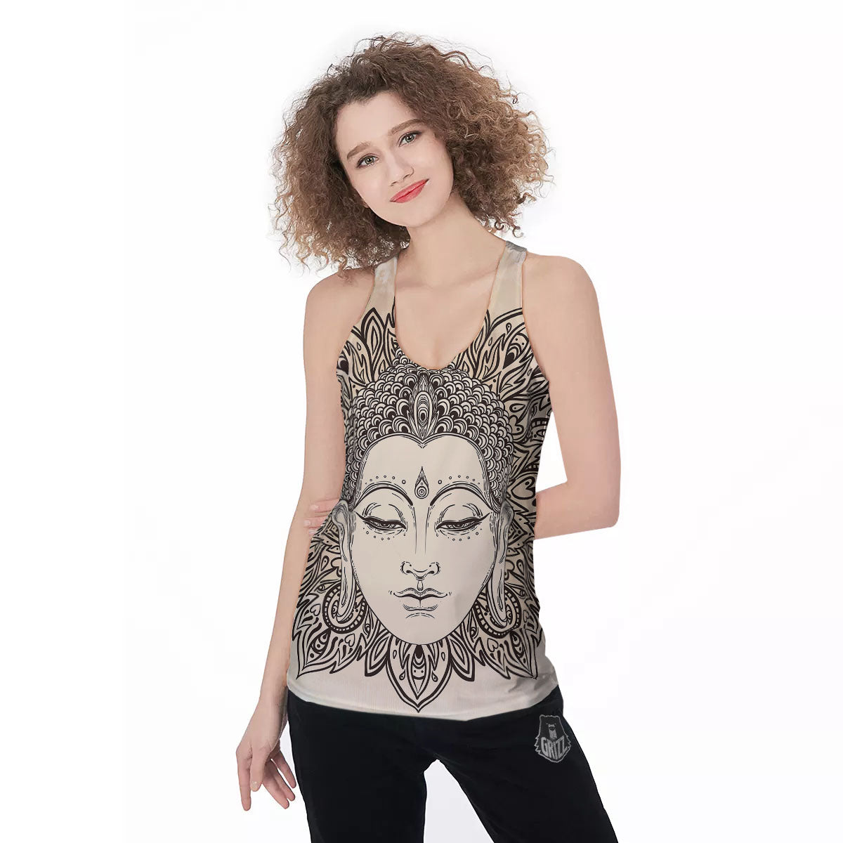 Mandala Buddha Beige Print Women's Racerback Tank Top-grizzshop