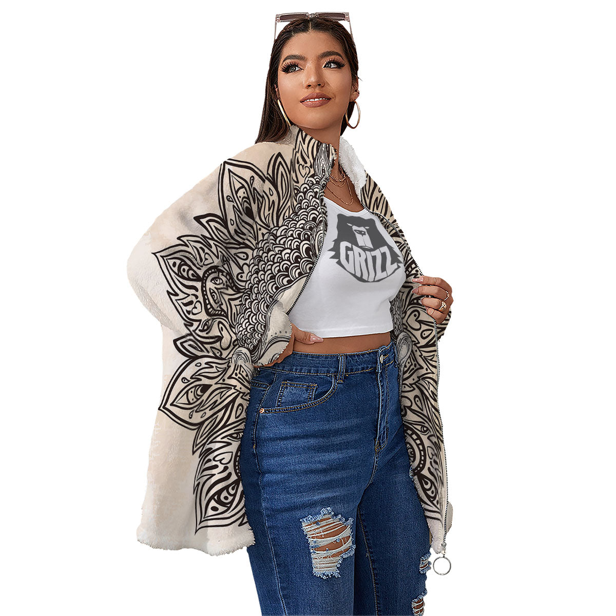 Mandala Buddha Beige Print Women's Sherpa Jacket-grizzshop