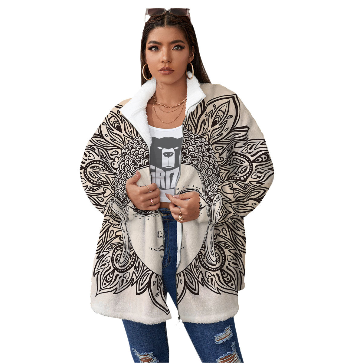 Mandala Buddha Beige Print Women's Sherpa Jacket-grizzshop