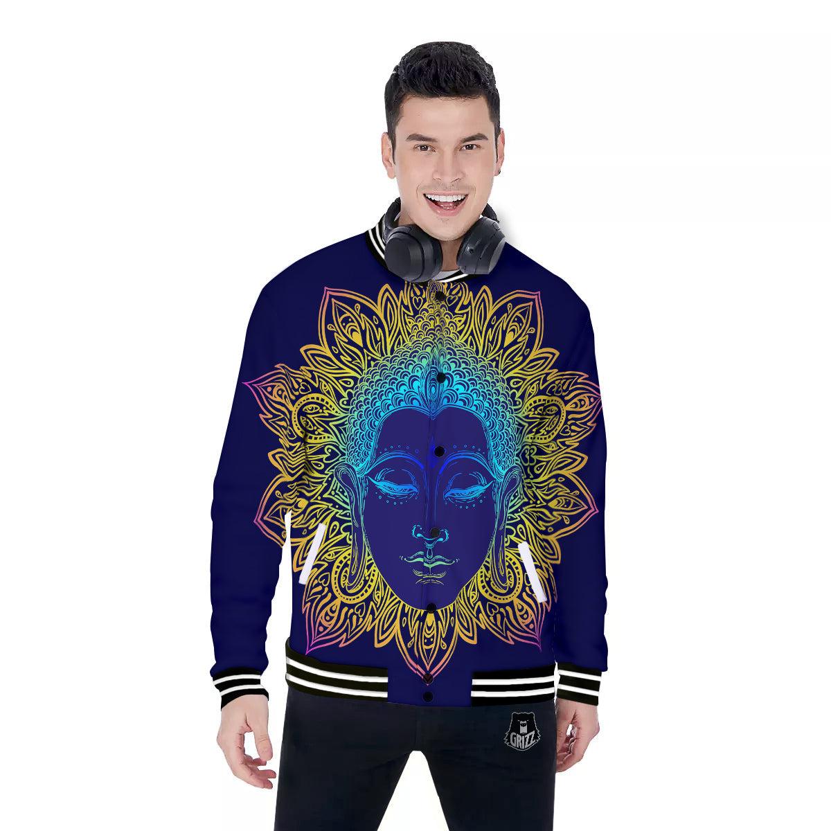 Mandala Buddha Colorful Print Baseball Jacket-grizzshop