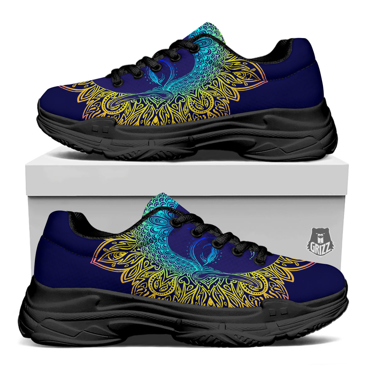Mandala Buddha Colorful Print Black Chunky Shoes-grizzshop